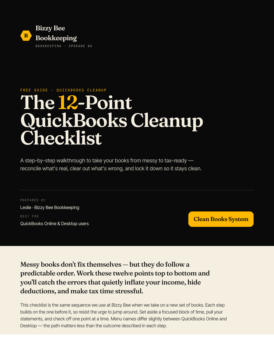 Cover of The 12-Point QuickBooks Cleanup Checklist by Bizzy Bee Bookkeeping