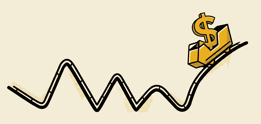 Illustration of a roller coaster track with a dollar-sign cart, representing volatile hourly billing rates